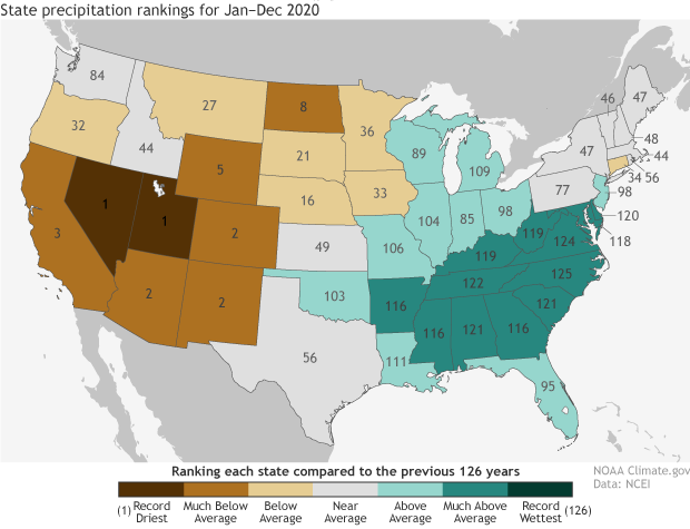 U.S. map of statewide precipitation rankings in 2020