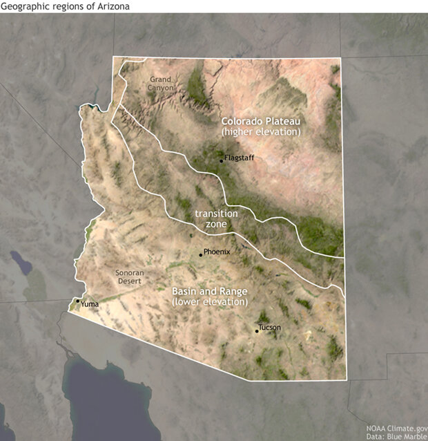 satellite image showing geographic regions of Arizona
