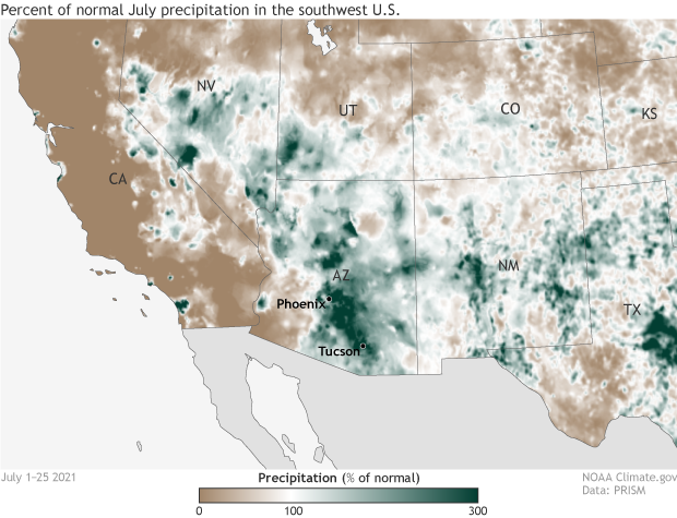 map of percent of average precipitation in July 2021 across U.S. Southwest