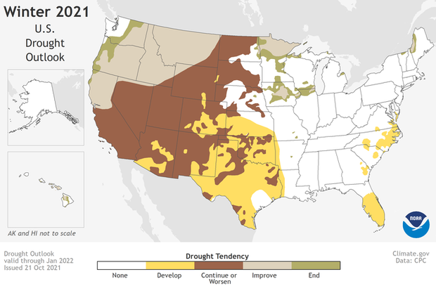Map of U.S. drought outlook for November 2021-January 2022