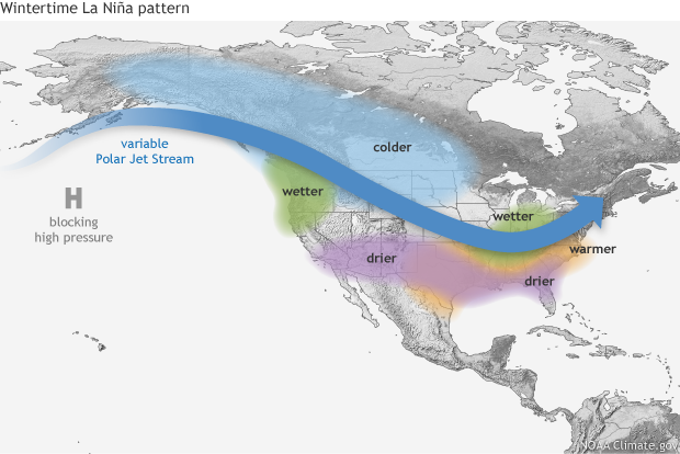 Map illustrating typical wintertime La Niña pattern for North America