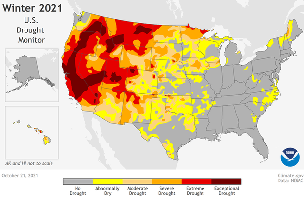 Map of U.S. drought status as of October 21, 2021