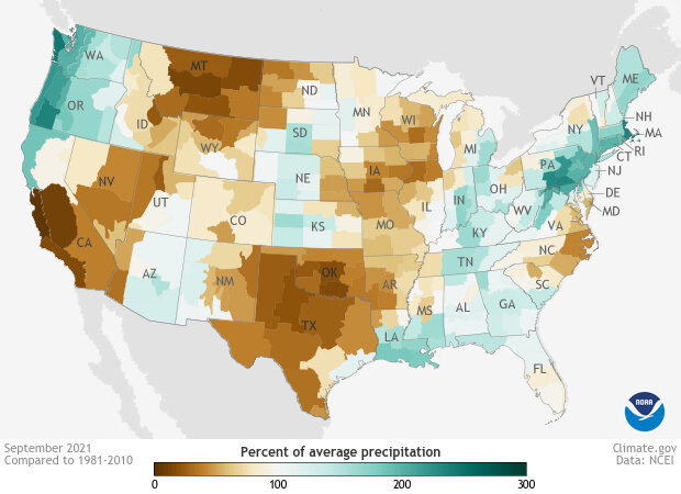 Map of percent of normal precipitation for the U.S. in September 2021