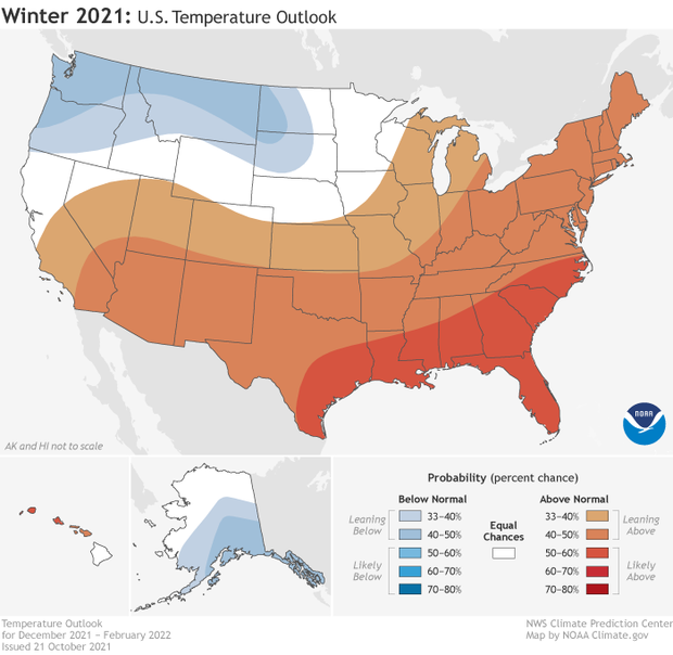 U.S. map of 2021-22 winter temperature outlook