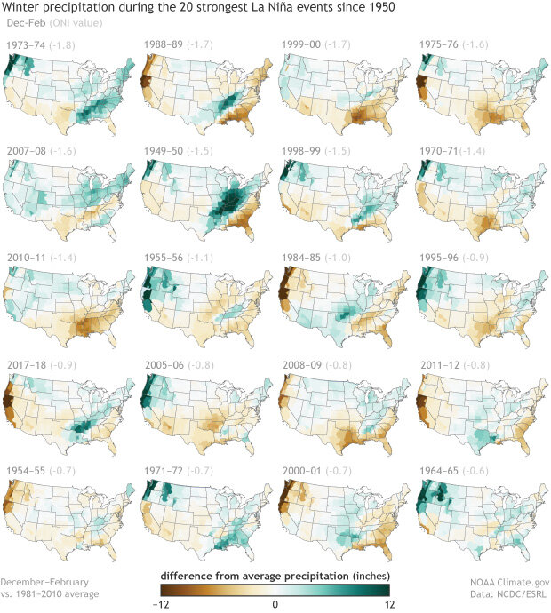 Small maps of winter precipitation patterns during each of the 20 strongest La Niña episodes since 1950