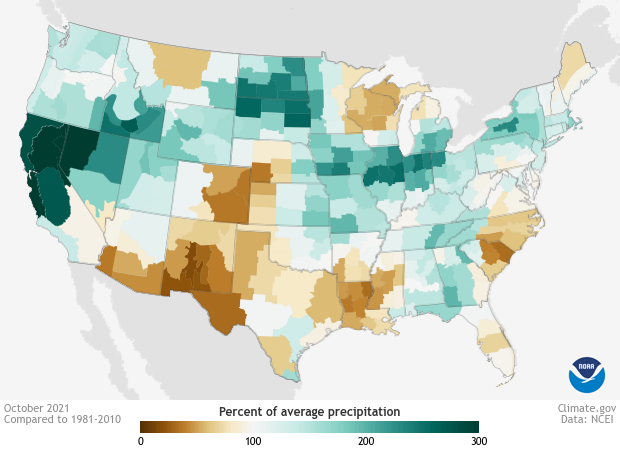 Percent of average precipitation in the US in October 2021