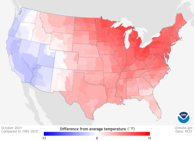 Map of U.S. temperature in October 2021 compared to the 1981-2010 average