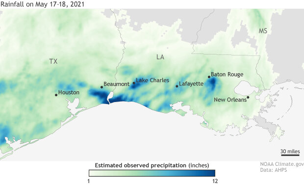 Cumulative precipitation over May 17-18, 2021 across Texas and Louisiana. Several areas received more than a foot of rain. Map by NOAA Climate.gov, based on AHPS data from the National Weather Service.