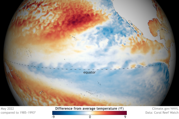Spherical map of tropical Pacific temperature anomalies in May 2022 showing cool waters across equator