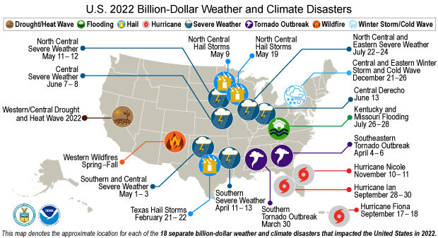 U.S. map of locations and types of billion-dollar disasters
