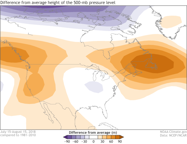 Map of North America showing 500hPa height anomalies for mid-July through mid-August 2018