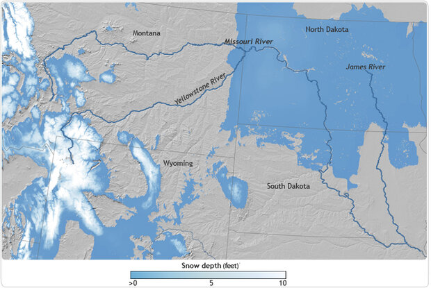 Map of snow dpeth across Upper Missouri watershed