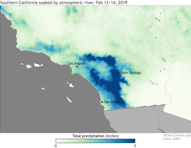 Map showing precipitation accumulations across southern California from February 13-14, 2019
