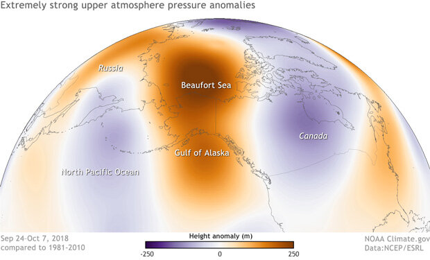 Map showing upper atmosphere pressure anomalies across Alaska in early fall 2018