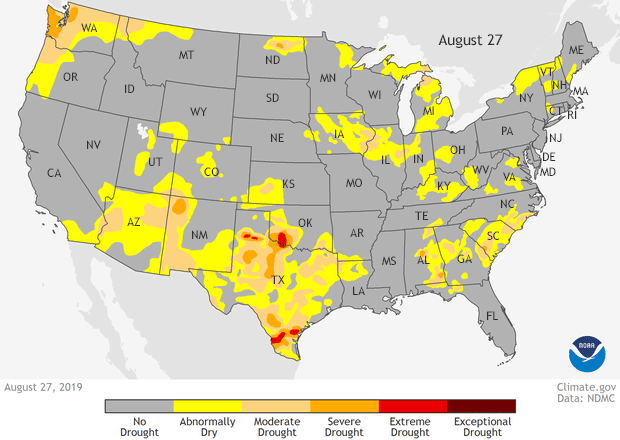 Animation of drought conditions across the United States from the U.S. Drought Monitor from August 27 to October 1, 2019.The severity of drought conditions increases from yellow (abnormally dry) to light orange (moderate) to orange (severe) to red (extreme) to, finally, maroon (exceptional). Climate.gov map, based on data from the National Drought Monitor project. 