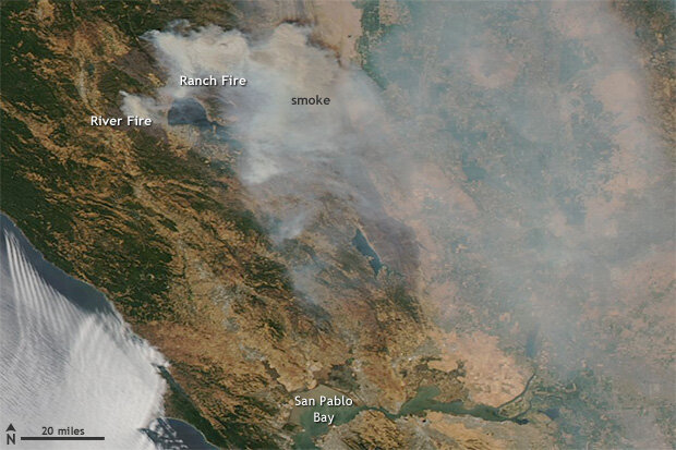 Satellite image of the Ranch and River Fires in Northern California, August 6, 2018