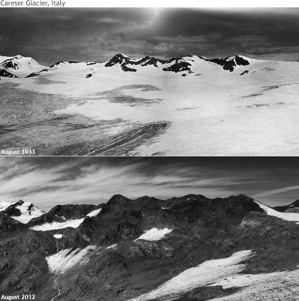 Photos documenting the disintegration of Italy’s Careser Glacier between 1933 and 2012.