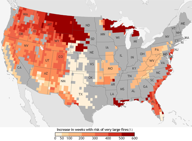 Map showing where weeks with wildfires are increasing