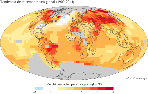 Map of global temperature trends from 1900 to 2014 with annotations in Spanish
