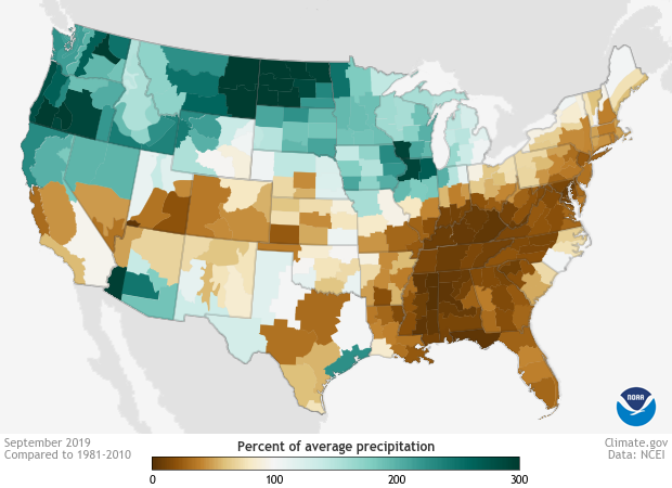 Percent average precipitation CONUS USA September 2019. Brown areas refer to areas with below-average amounts of precipitation while green-blue represents areas with above-average monthly precipitation.  Climate.gov image using data from the National Centers for Environmental Information (NCEI).