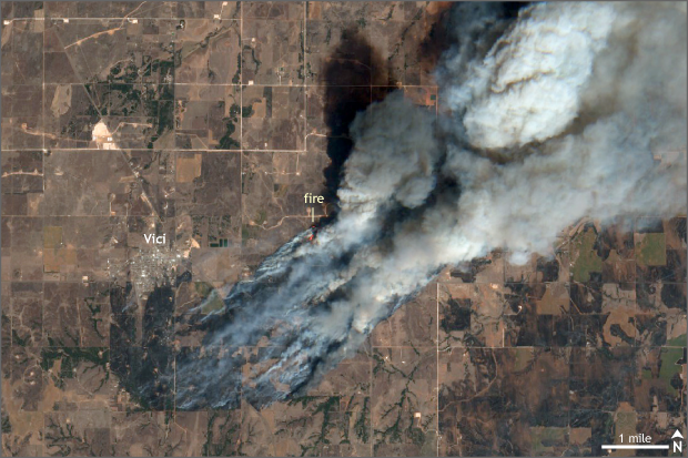 Satelite image of central Oklahoma April 17, 2018 showing fires and smoke