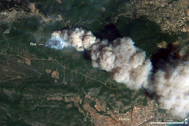 Satellite image of the Kineta wildfire near Athens on July 23, 2018