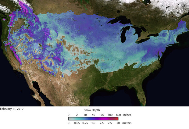Map of the depth of snow across the lower 48 US states as of February 11, 2010. 