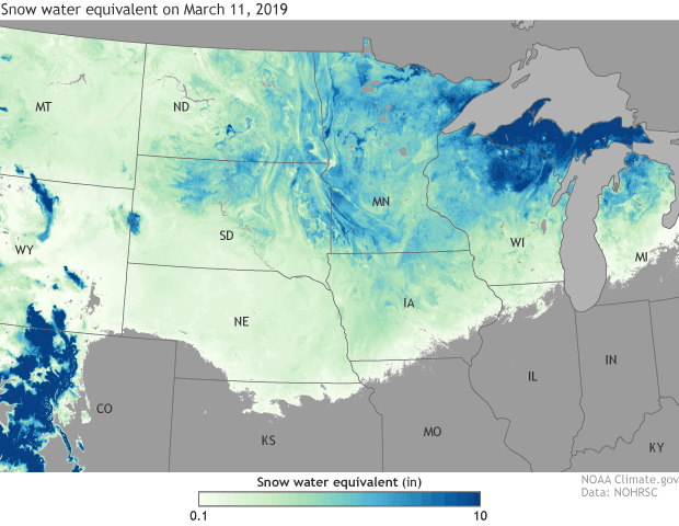 Modeled snow water equivalent across the upper Plains on March 11 and 28, 2019