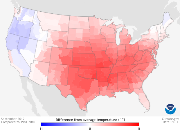 Temperature anomaly (°F) map CONUS 201909.  Reds refer to areas with above-average temperatures while blues refer to areas with below-average temperatures. Climate.gov image using data from the National Centers for Environmental Information (NCEI).