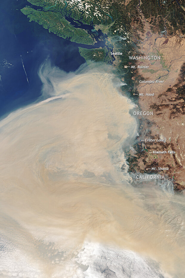 Satellite view of a smoke plume across the Pacific Ocean from fires on the West Coast