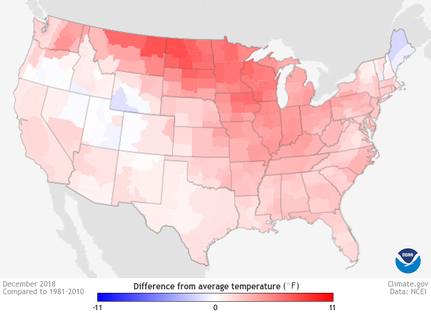 Map of U.S. temperature anomalies for December 2018 showing extreme warmth across virtually entire Lower 48 states