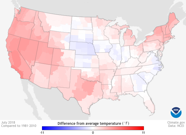 CONUS map showing July 2018 temperature anomalies for the US