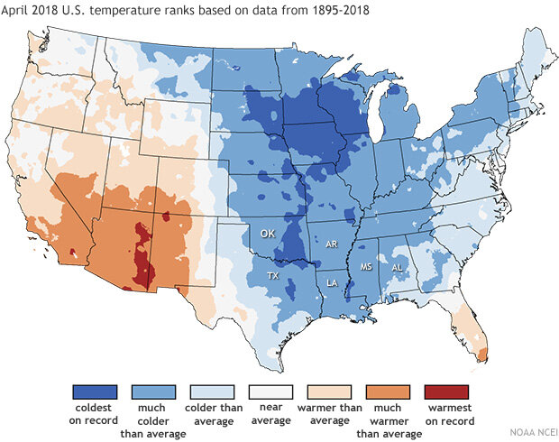 CONUS  map of U.S. temperature percentiles April 2018