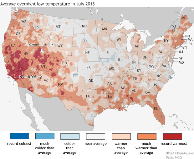 CONUS map showing July 2018 minimum temperature ranks