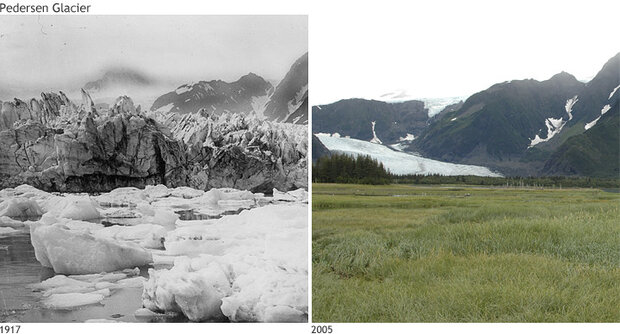 Pedersen Glacier, at Aialik Bay in Alaska’s Kenai Mountains, in 1917 and 2005.