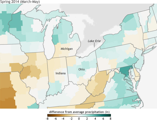 Difference from average (1981-2010) precipitation for March-May 2014, based on U.S. Climate Division Data. Map by NOAA Climate.gov.