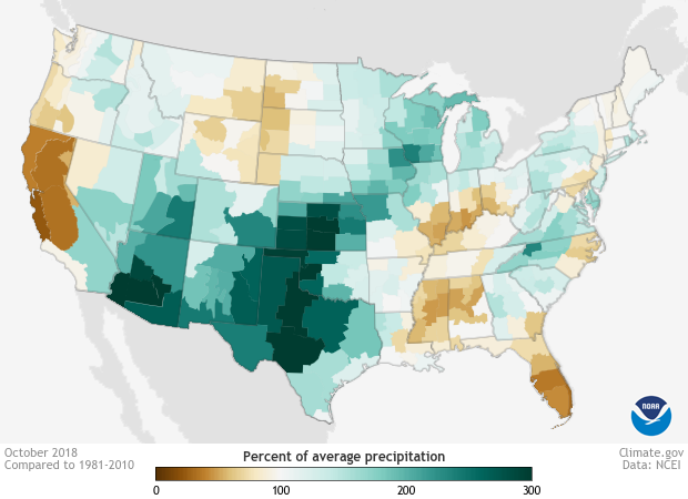 CONUS map showing precipitation Anomaly for the United States during October 2018