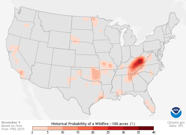 CONUS map showing wildfire risk probability for November 9 across the United States