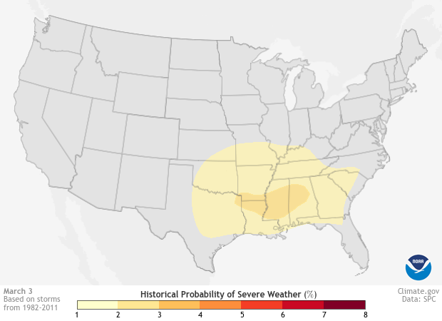 Daily historic probability of severe weather map