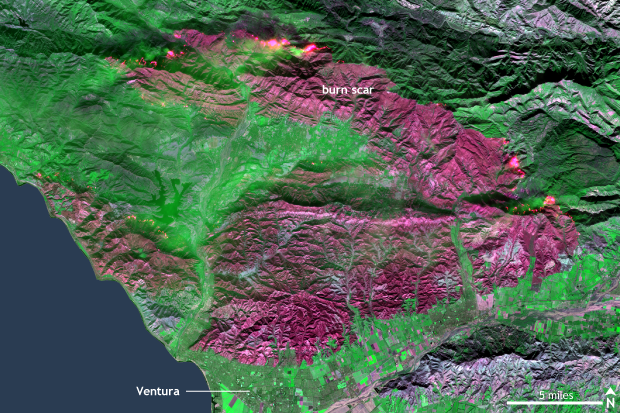 European Space Agencies Sentinel 2 false color satellite image showing large burn scar near Ventura, CA U.S. on December 8, 2017