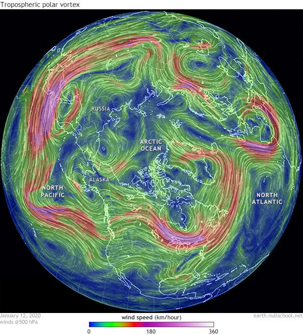 Polar-view map of winds in the troposphere at the level of jet stream