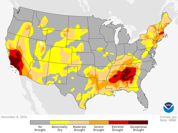 Map of U.S. drought conditions on November 8, 2016, showing severe to exceptional drought categories in California and the Deep South
