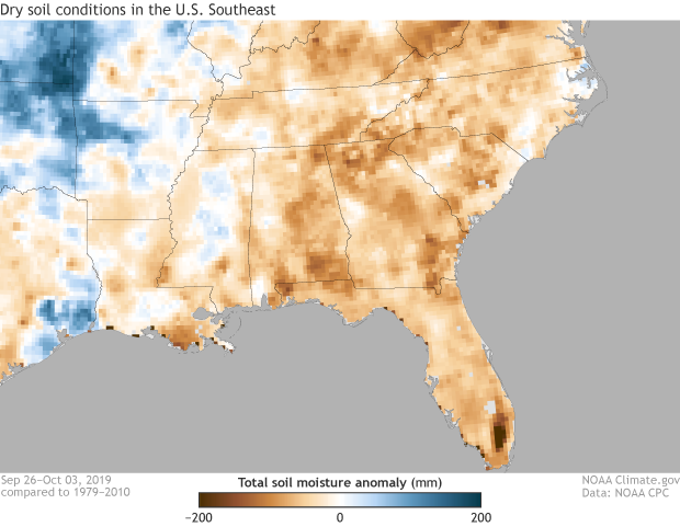 Soil moisture anomaly (millimeters) across the southeastern United States from September 26 through October 3, 2019. Climate.gov image using data from NOAA's Climate Prediction Center.