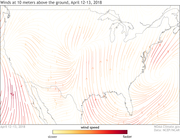CONUS map showing winds at 10m above the ground April 12-13 2018