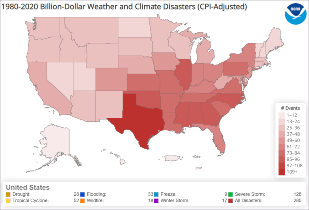 Map of US showing number of billion-dollar disasters by state
