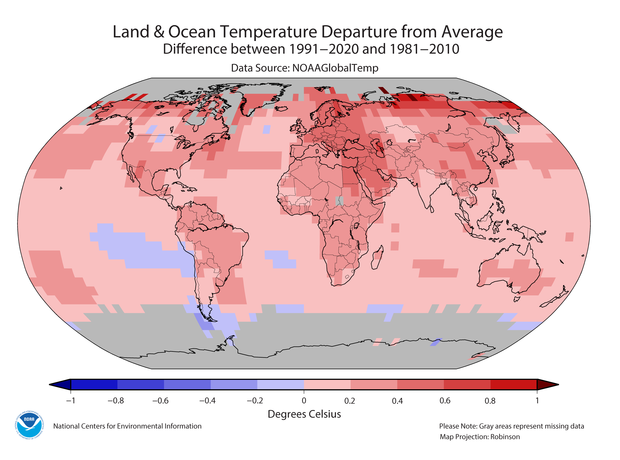 global map of difference in temperature between 1981-2010 and 1991-2020