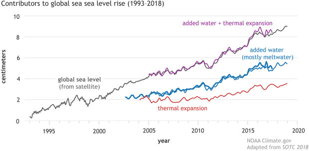 Graph showing the different things contributing to sea level rise since 1995