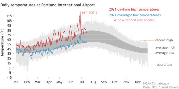 Graph of daily temperatures at Portland International Airport in 2021