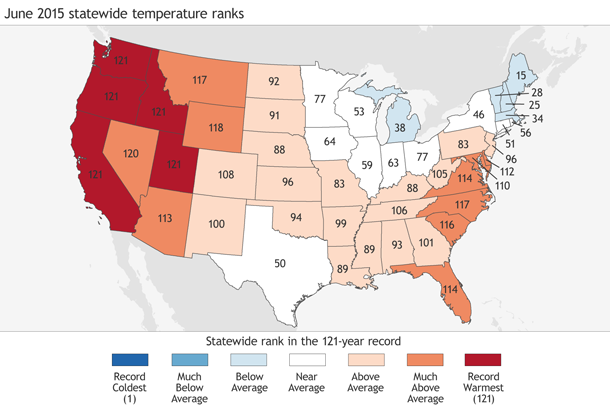 Statewide temperature ranks, June 2015