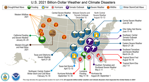 US map with icons showing 2021 billion-dollar disasters